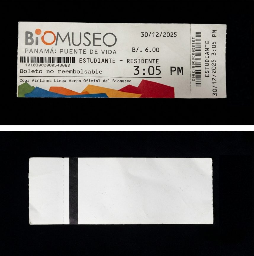 Boleto del Biomuseo · fotografía de registro