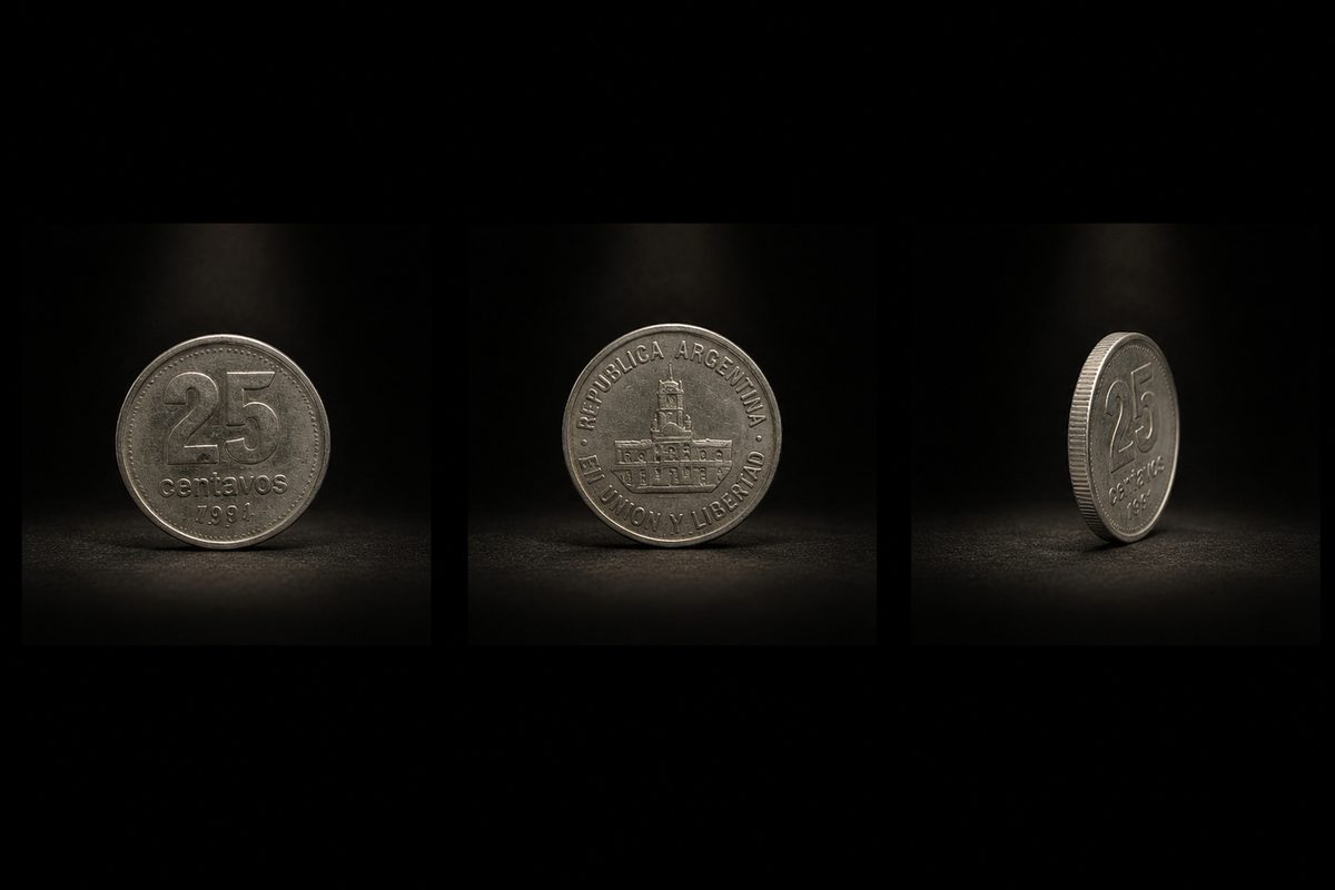Moneda 25 centavos de peso argentino · fotografía de registro