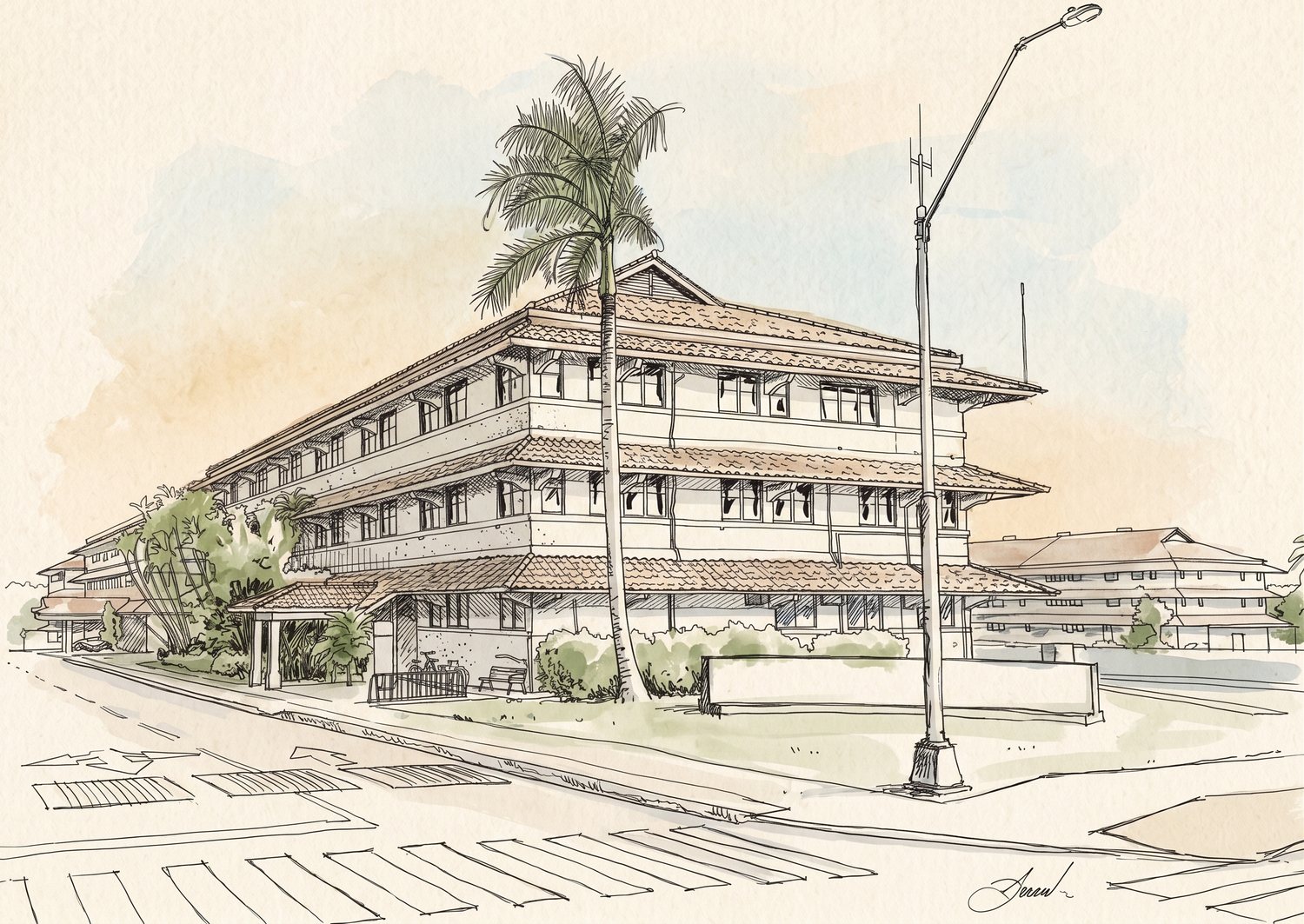 Dibujo a línea y acuarela del edificio 106 de Isthmus, en Ciudad del Saber: tres plantas, aleros de teja, palmeras delante y la calle en primer plano.